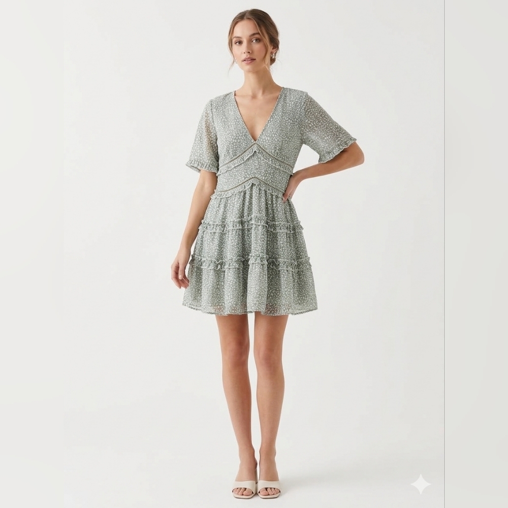 Princess Polly Sage Green Animal Print Tiered Mini Dress